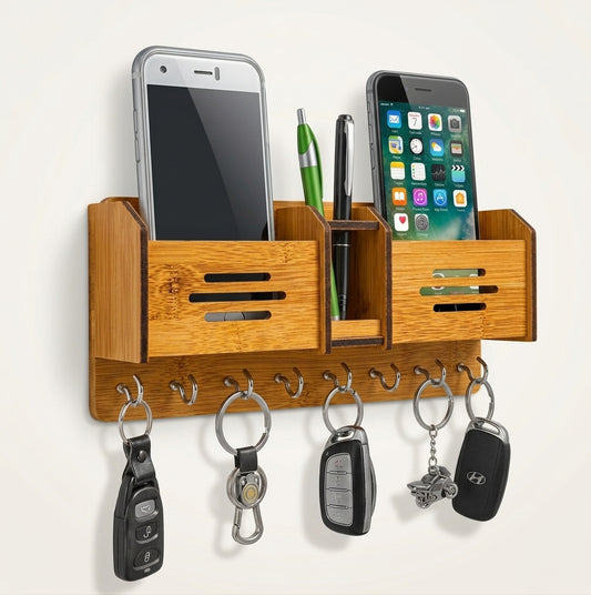 Multi-Functional Wooden Key Holder & Mobile Phone Stand – Wall Organizer