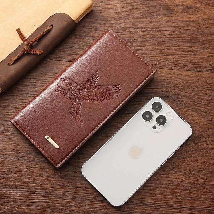 Premium Brown Leather Wallet for Men – Stylish Embossed Bird Design