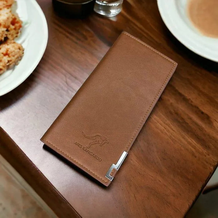 Premium Men's Brown Leather Wallet – Minimalist Kangaroo Logo Design