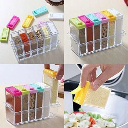 Spice Jars Dispenser Set of 6 Crystal Clear Kitchen Masala Organizer