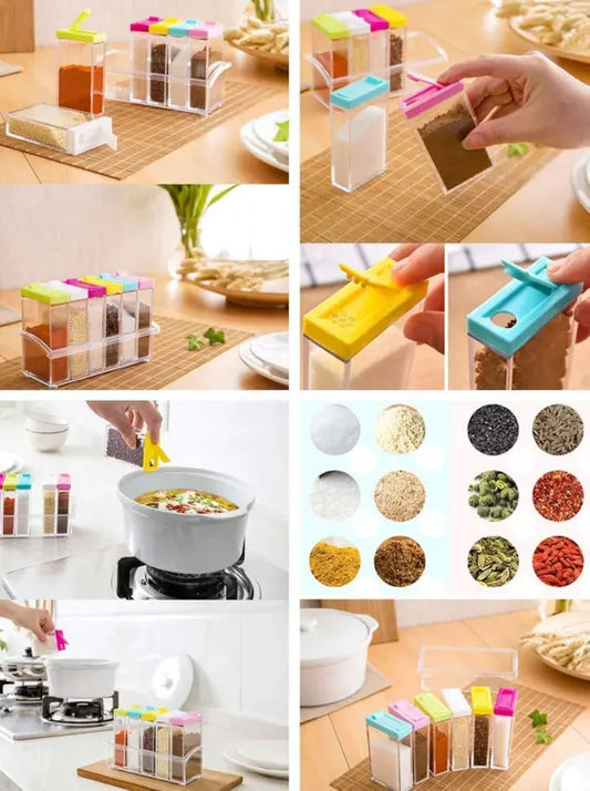 Spice Jars Dispenser Set of 6 Crystal Clear Kitchen Masala Organizer