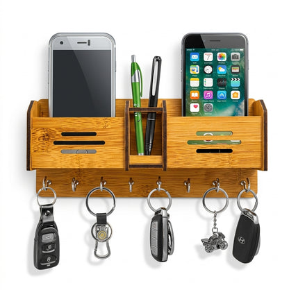 Multi-Functional Wooden Key Holder & Mobile Phone Stand – Wall Organizer